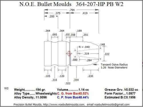 Bullet Mold 2 Cavity Brass .364 caliber Plain Base 207 Grains with a Round Nose profile type. This is designed
