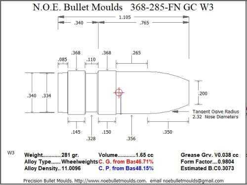 Bullet Mold 4 Cavity Aluminum .368 caliber Gas Check 285 Grains with Flat nose profile type. This is designed