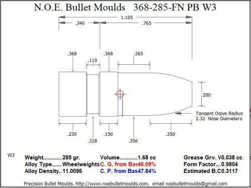 Bullet Mold 4 Cavity Aluminum .368 caliber Plain Base 285 Grains with Flat nose profile type. This is designe