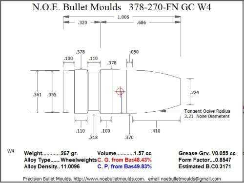 Bullet Mold 5 Cavity Aluminum .378 caliber Gas Check 270 Grains with Flat nose profile type. This is designed