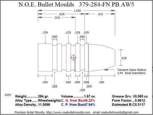 Bullet Mold 5 Cavity Aluminum .379 caliber Plain Base 284 Grains with Flat nose profile type. This is designe