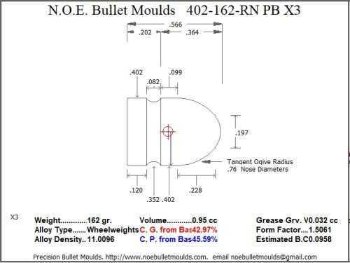 Bullet Mold 2 Cavity Aluminum .402 caliber Plain Base 162 Grains with Round Nose profile type. The perfect