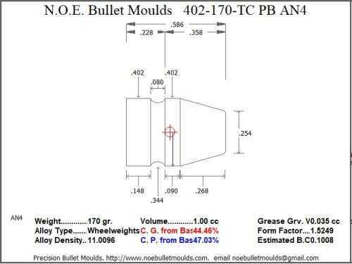 Bullet Mold 2 Cavity Aluminum .402 caliber Plain Base 170 Grains with Truncated Cone profile type. The classic