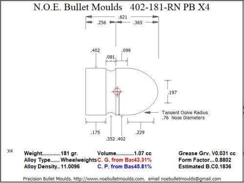 Bullet Mold 2 Cavity Aluminum .402 caliber Plain Base 181 Grains with Round Nose profile type. This mould casts he