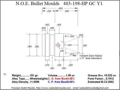 Bullet Mold 4 Cavity Aluminum .403 caliber Gas Check 198 Grains with Wide Flat nose profile type. The