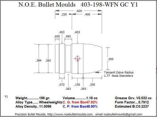 Bullet Mold 2 Cavity Aluminum .403 caliber Gas Check 198 Grains with Wide Flat nose profile type. The