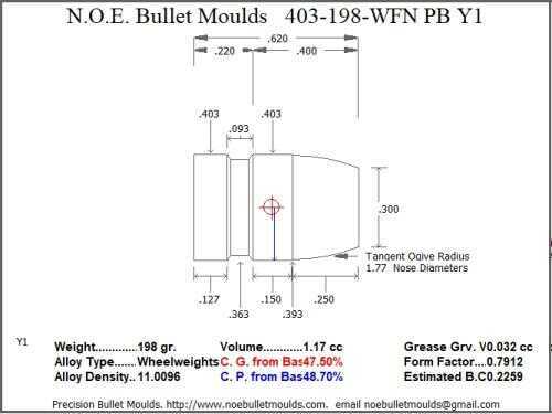 Bullet Mold 2 Cavity Aluminum .403 caliber Plain Base 198 Grains with Wide Flat nose profile type. The