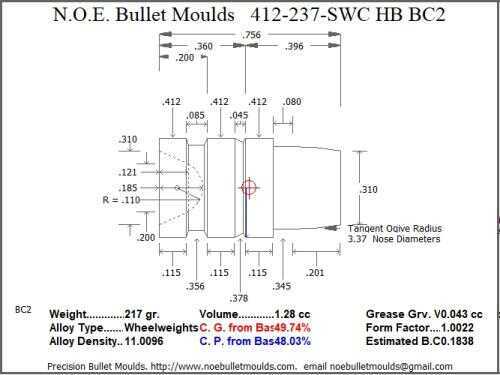 Bullet Mold 2 Cavity Brass .412 caliber Hollow Base 237 Grains with a Semiwadcutter profile type. heavy Keith style