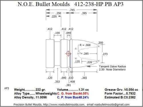Bullet Mold 2 Cavity Aluminum .412 caliber Plain Base 238 Grains with Wide Flat nose profile type. The