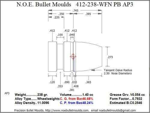 Bullet Mold 2 Cavity Aluminum .412 caliber Plain Base 238 Grains with Wide Flat nose profile type. The