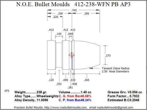 Bullet Mold 2 Cavity Brass .412 caliber Plain Base 238 Grains with a Wide Flat nose profile type. The