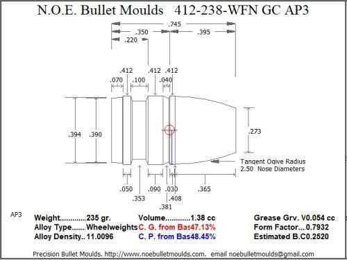 Bullet Mold 5 Cavity Aluminum .412 caliber Gas Check 238 Grains with Wide Flat nose profile type. The