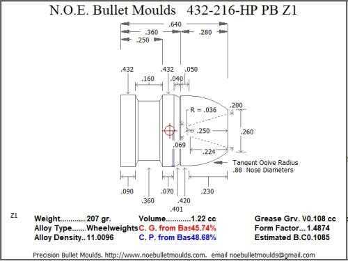 Bullet Mold 4 Cavity Aluminum .432 caliber Plain Base 216 Grains with Round/Flat nose profile type. flat des