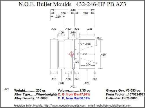 Bullet Mold 2 Cavity Brass .432 caliber Plain Base 246 Grains with a Wadcutter profile type. for plinking