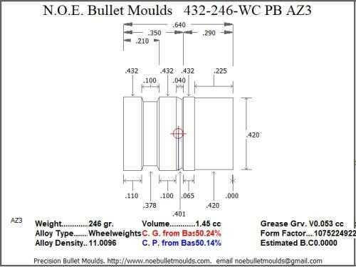 Bullet Mold 4 Cavity Aluminum .432 caliber Plain Base 246 Grains with Wadcutter profile type. for plinki