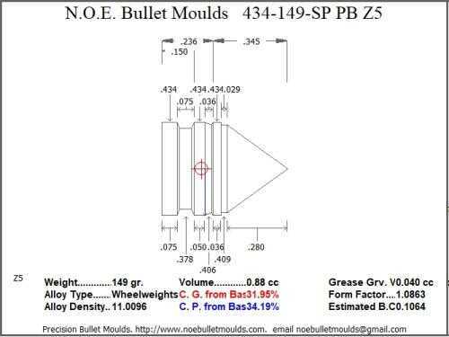 Bullet Mold 4 Cavity Brass .434 caliber Plain Base 149 Grains with a Spire point profile type. lightweight himmelwri