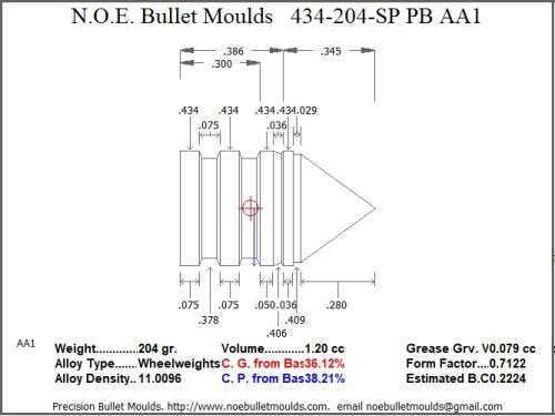 Bullet Mold 2 Cavity Brass .434 caliber Plain Base 204 Grains with a Spire point profile type. himmelwright design f