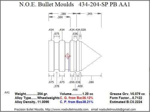 Bullet Mold 3 Cavity Aluminum .434 caliber Plain Base 204 Grains with Spire point profile type. himmelwright desig