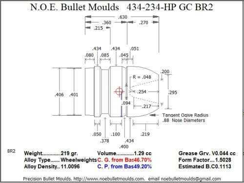Bullet Mold 2 Cavity Brass .434 caliber Gas Check 234 Grains with a Round/Flat nose profile type. standard weight