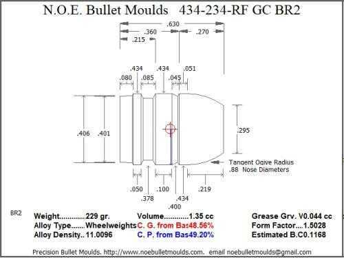 Bullet Mold 2 Cavity Aluminum .434 caliber Gas Check 234 Grains with Round/Flat nose profile type. standard weight