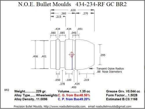 Bullet Mold 5 Cavity Aluminum .434 caliber Gas Check 234 Grains with Round/Flat nose profile type. standard weight