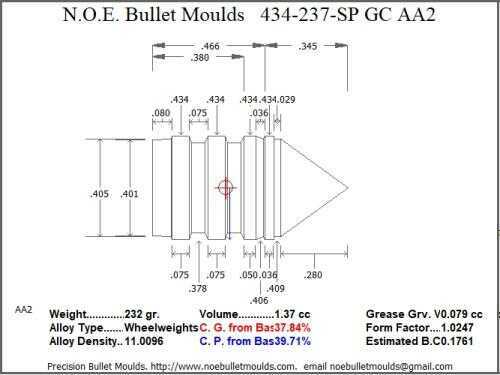 Bullet Mold 2 Cavity Aluminum .434 caliber GasCheck and Plain Base 237 Grains with Spire point profile type. himme