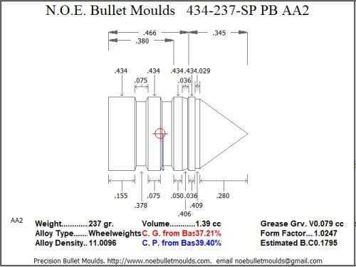 Bullet Mold 2 Cavity Brass .434 caliber Plain Base 237 Grains with a Spire point profile type. himmelwright design f