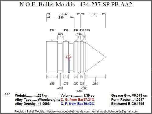 Bullet Mold 5 Cavity Aluminum .434 caliber Plain Base 237 Grains with Spire point profile type. himmelwright desig