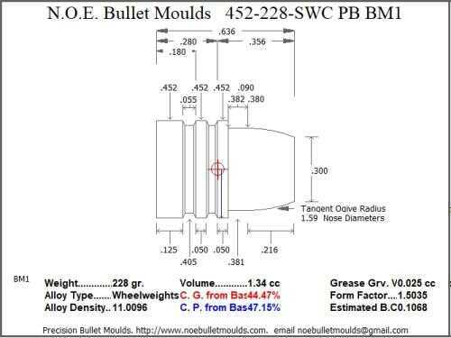 Bullet Mold 3 Cavity Aluminum .452 caliber Plain Base 228 Grains with Semiwadcutter profile type. light Semi-wadcu