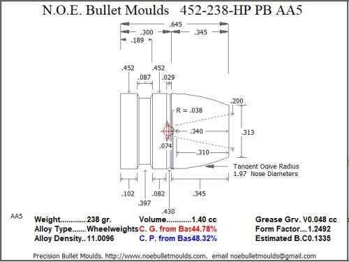 Bullet Mold 2 Cavity Brass .452 caliber Plain Base 238 Grains with a hollowpoint profile type. This mould casts roun