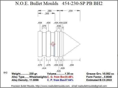 Bullet Mold 2 Cavity Brass .454 caliber Plain Base 230 Grains with a Spire point profile type. standard weight Himme
