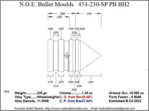 Bullet Mold 4 Cavity Aluminum .454 caliber Plain Base 230 Grains with Spire point profile type. standard weight Hi