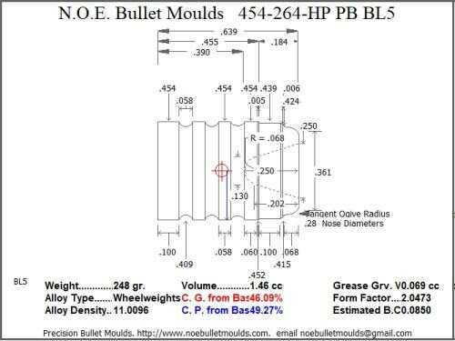 Bullet Mold 2 Cavity Brass .454 caliber Plain Base 264 Grains with a Wadcutter profile type. standard weight