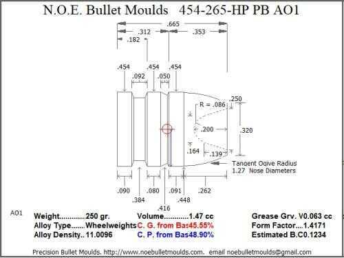 Bullet Mold 4 Cavity Aluminum .454 caliber Plain Base 265 Grains with Wide Flat nose profile type. standard weight