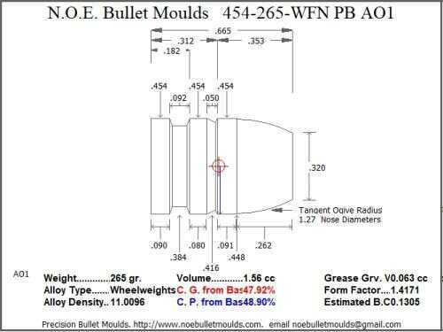 Bullet Mold 3 Cavity Aluminum .454 caliber Plain Base 265 Grains with Wide Flat nose profile type. standard weight