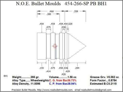 Bullet Mold 2 Cavity Aluminum .454 caliber Plain Base 266 Grains with Spire point profile type. heavy weight Himme