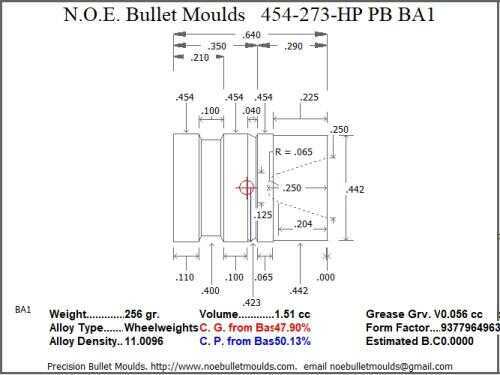 Bullet Mold 2 Cavity Brass .454 caliber Plain Base 273 Grains with a Wadcutter profile type. heavy weight