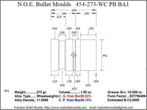 Bullet Mold 3 Cavity Aluminum .454 caliber Plain Base 273 Grains with Wadcutter profile type. heavy weight
