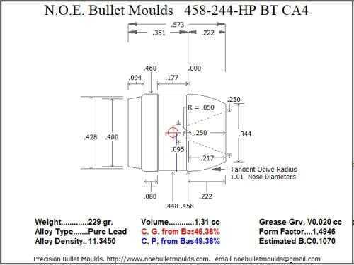 Bullet Mold 4 Cavity Aluminum .458 caliber Boat tail 244 Grains with Flat nose profile type. This mould casts an air