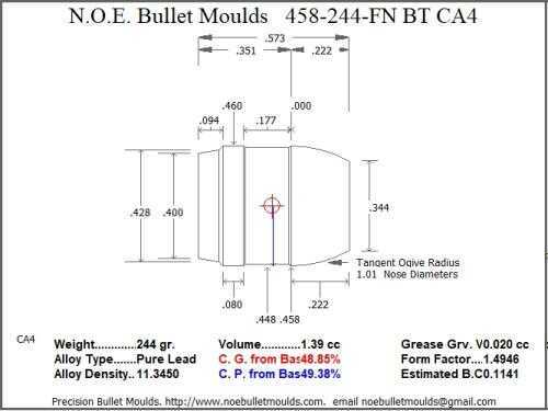 Bullet Mold 2 Cavity Aluminum .458 caliber Boat tail 244 Grains with Flat nose profile type. This mould casts an air