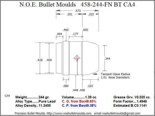 Bullet Mold 4 Cavity Aluminum .458 caliber Boat tail 244 Grains with Flat nose profile type. This mould casts an air