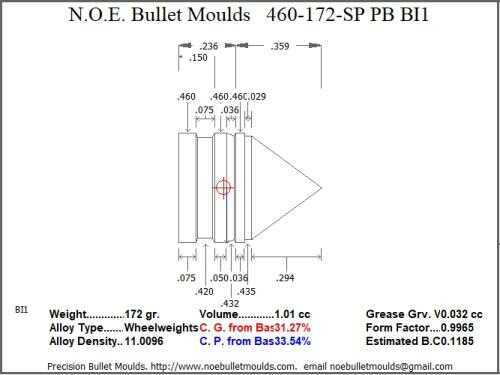 Bullet Mold 2 Cavity Aluminum .460 caliber Plain Base 172 Grains with Spire point profile type. light weight Himme
