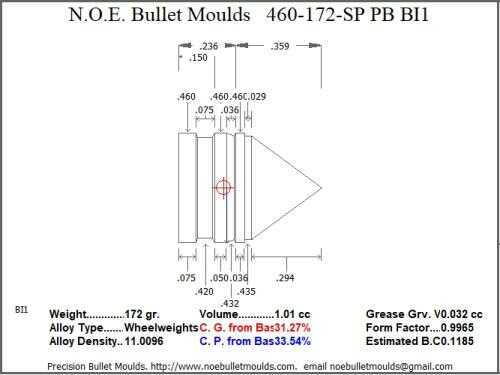 Bullet Mold 2 Cavity Brass .460 caliber Plain Base 172 Grains with a Spire point profile type. light weight Himmelwr