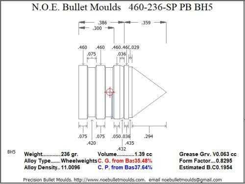 Bullet Mold 4 Cavity Brass .460 caliber Plain Base 236 Grains with a Spire point profile type. standard weight Himme