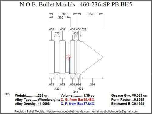 Bullet Mold 5 Cavity Aluminum .460 caliber Plain Base 236 Grains with Spire point profile type. standard weight Hi
