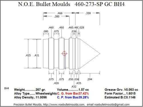 Bullet Mold 2 Cavity Brass .460 caliber GasCheck and Plain Base 273 Grains with Spire point profile type. heavy we