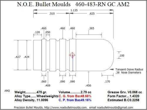Bullet Mold 2 Cavity Brass .460 caliber Gas Check 483 Grains with a Round Nose profile type. This mould casts an 485gr