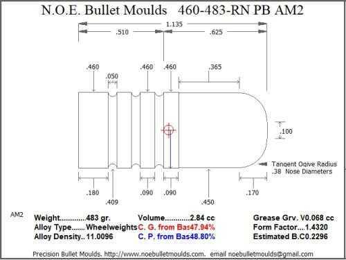 Bullet Mold 2 Cavity Brass .460 caliber Plain Base 483 Grains with a Round Nose profile type. This mould casts an 485g