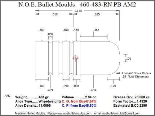 Bullet Mold 4 Cavity Brass .460 caliber Plain Base 483 Grains with a Round Nose profile type. This mould casts an 485g