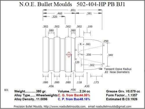 Bullet Mold 2 Cavity Aluminum .502 caliber Plain Base 404 Grains with Semiwadcutter profile type. Keith style